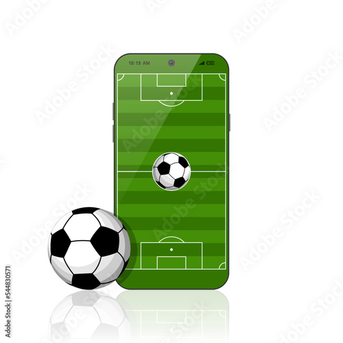 Mobile football soccer. Online sport bet play match. Online soccer game with live mobile app. Football field on the smartphone screen and ball. Online ticket sales, sport betting concept
