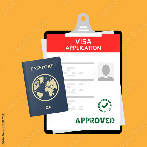 Application visa Document for travel. Passport with tickets, money Visa application. Travel approval. Immigration visa photo