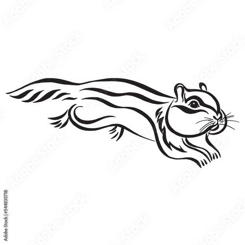 Calligraphic drawing of a running chipmunk on white background. Vector image. Linear drawing. Tattoo, logo design.