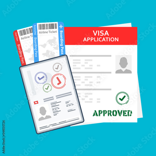 Application visa Document for travel. Passport with tickets, money Visa application. Travel approval. Immigration visa