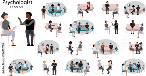 Set of psychologist counceling single people and couples. Psychological help concept. Mental health therapy sessions. Stock vector illustrations.