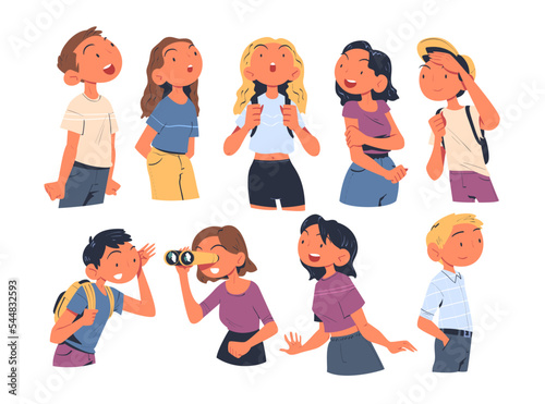 People Characters Looking Into the Distance with Curious Face Vector Set
