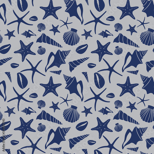 Boho seamless pattern with blue conch shells and sea stars on gray background.