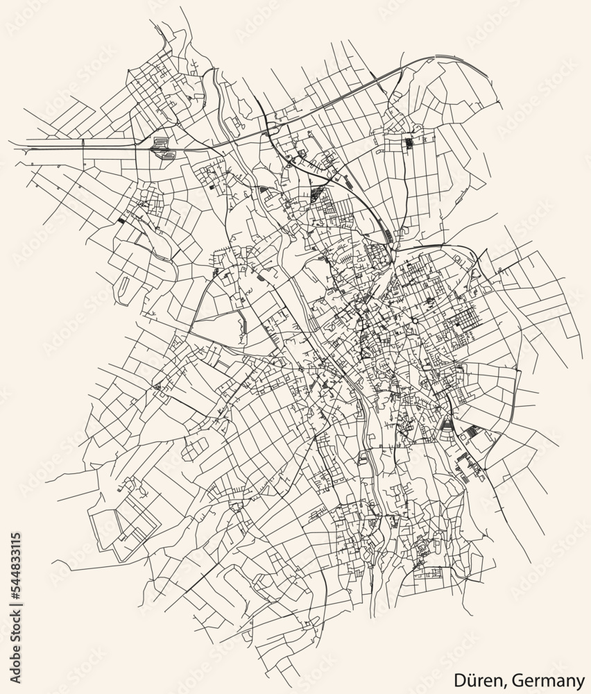 Detailed navigation black lines urban street roads map of the German regional capital city of DÜREN, GERMANY on vintage beige background