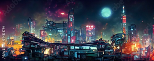 Cyberpunk neon city night. Futuristic city scene panorama. Sci fi wallpaper. Retro future 3D illustration. Urban scene. Great as background or for your art projects. 