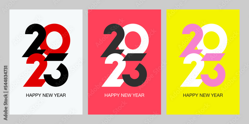 2023 Happy New Year modern set  posters. Abstract design typography logo 2023 for vector celebration decoration, 3 backgrounds template.
