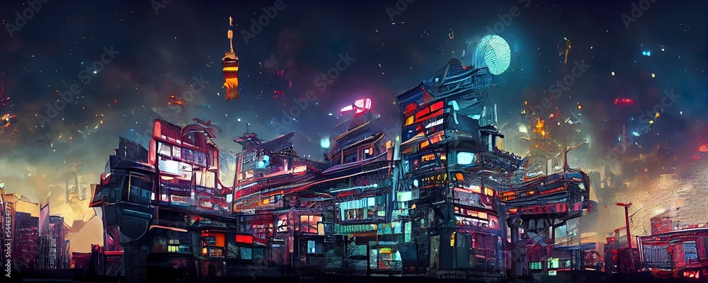 Fototapeta premium Cyberpunk neon city night. Futuristic city scene panorama. Sci fi wallpaper. Retro future 3D illustration. Urban scene. Great as background or for your art projects. 