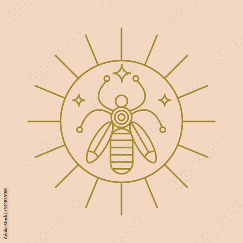 Linear pattern in bohemian style. Golden bee, golden sun and stars.
Shining element with a bee. Sun logo. A simple drawing of golden lines.