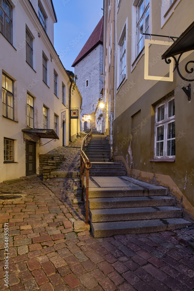 Alley and stairs to ancient Toompea, Cathedral Hill in Tallinn. Tallin is capital of Estonia in Northern Europe.