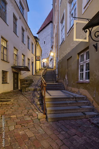 Alley and stairs to ancient Toompea  Cathedral Hill in Tallinn. Tallin is capital of Estonia in Northern Europe.