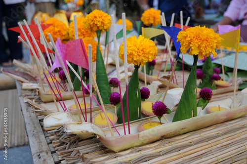 'Krathong'  (a small raft made from banana tree trunk decorate with flowers, candles, and incense stick). On the night of the full moon, Thais launch their krathong on a river, canal, or a pond. photo