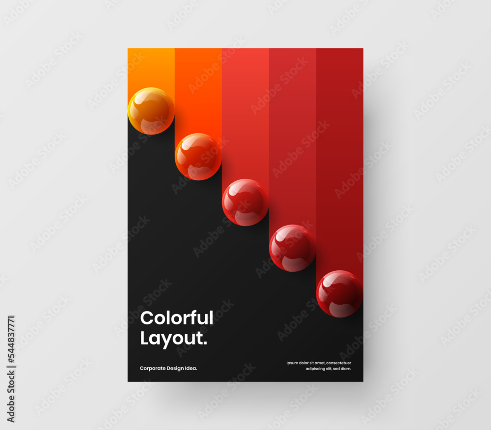 Clean company identity vector design illustration. Multicolored realistic balls magazine cover template.