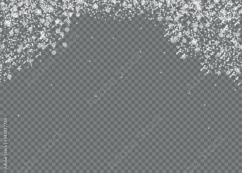 Snowfall. Chaotically flying snowflakes on transparent background. Flat. Vector illustration