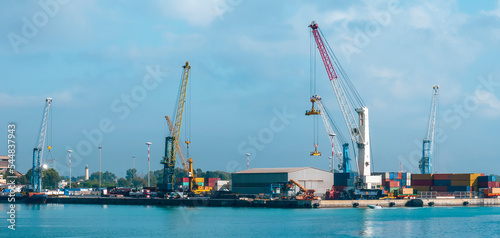 cargo sea port with cranes, container stacks and trucks with goods, sea hub terminal from seashore