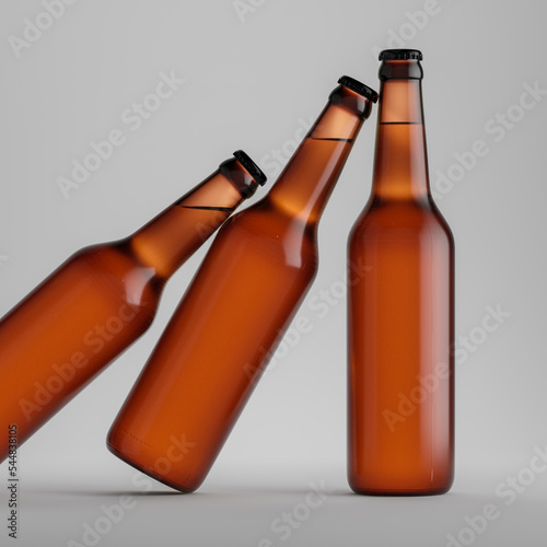 Mockup, template, packaging without a label. Brown bottles of beer stand on a white background. 3d render, 3d illustration