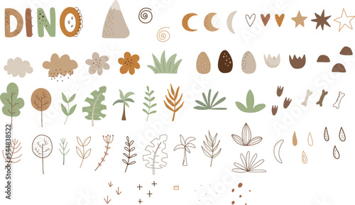 Fototapeta Naklejka Na Ścianę i Meble -  A set of elements for illustrations of dinosaurs, volcano, eggs, plants, clouds vector illustration for design, print, pattern, isolated on white background