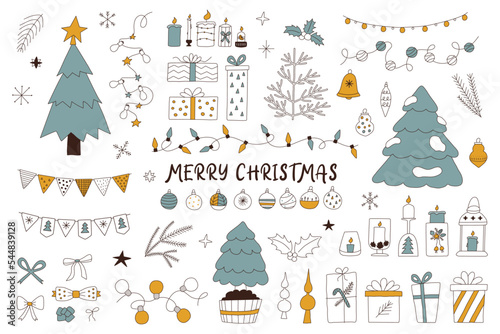 Christmas and New Year decor set in doodle style