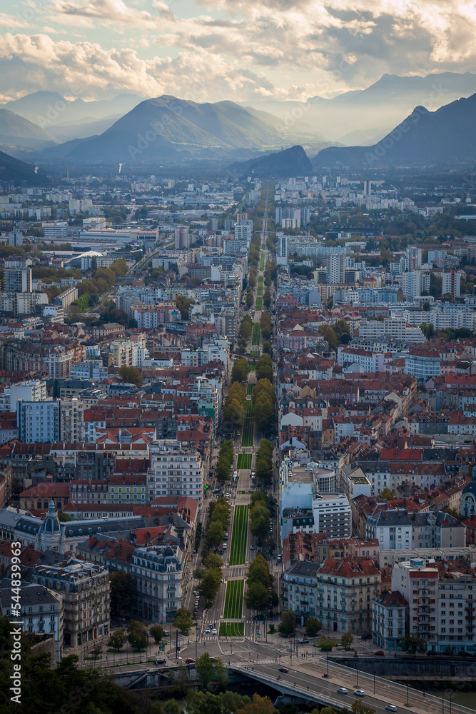 Grenoble France 11 2021 view of Grenoble from the heights of the Bastille, the city is known for its cable car which is nicknamed 