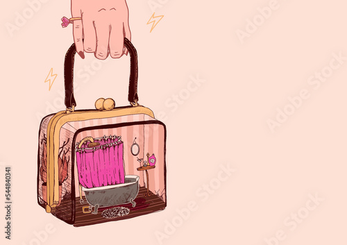 beautiful cosy bathroom illustration in a fashion woman glass transparent bag in the hand with a ring hand drawing art with pink curtains  (ID: 544840341)