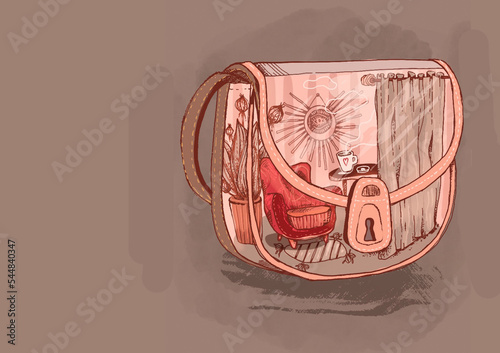 beautiful cosy dreamy stylish room  illustration art in fashion glass transparent bag with pink chair and cup of coffee on a table design interior (ID: 544840347)