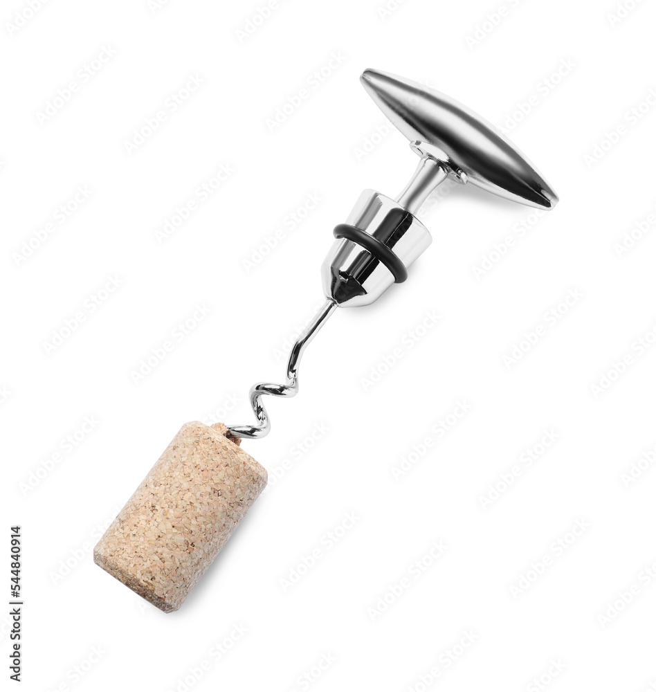 Corkscrew and wine bottle stopper isolated on white, top view Corkscrew and wine bottle stopper isolated on white, top view