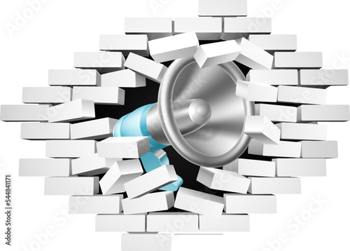 A news mega phone or bull horn wall megaphone breaking through a wall concept