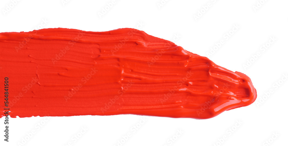 Red paint stroke drawn with brush on white background, top view Red paint stroke drawn with brush on white background, top view