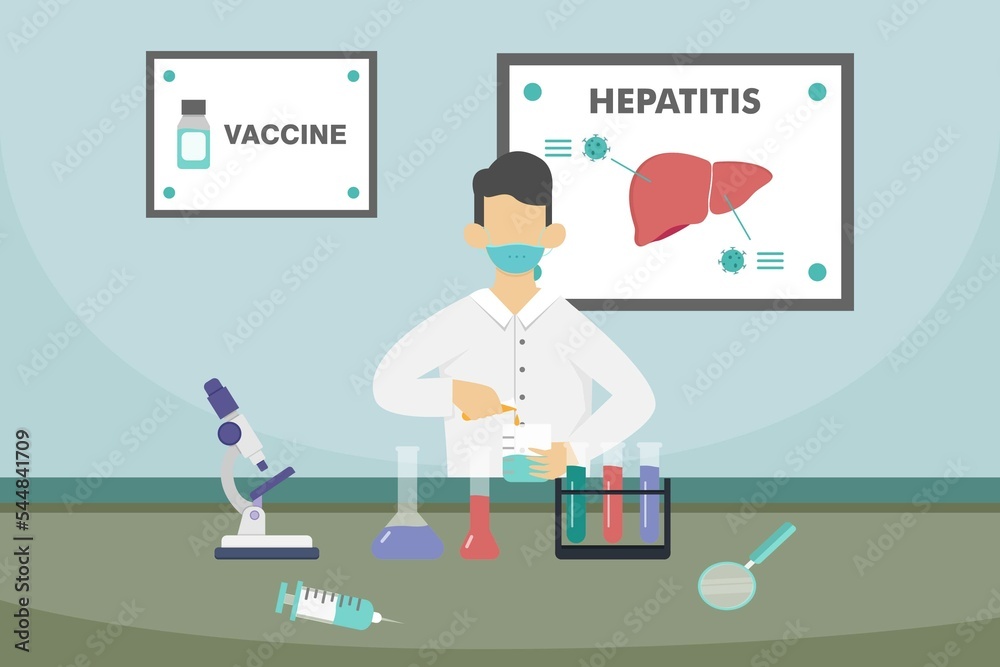 scientist wearing face mask and doing experiment to make hepatitis vaccine with chemical and test tube scientist wearing face mask and doing experiment to make hepatitis vaccine with chemical and test tube