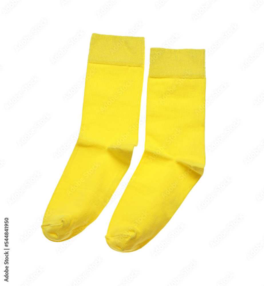 Yellow socks on white background, top view Yellow socks on white background, top view