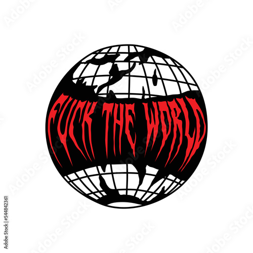 decorative scary font inscribed in the image of the planet.fuck the world.vector illustration.linear style.decorative inscription.modern typography design for tattoo,t shirt,poster,banner,web,etc