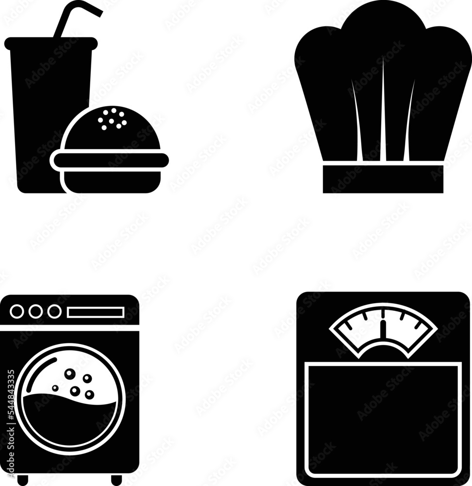 Soft drink and Burger. Chet Hat, Washing Machine and Weight Weighing Scale Icon Set Soft drink and Burger. Chet Hat, Washing Machine and Weight Weighing Scale Icon Set