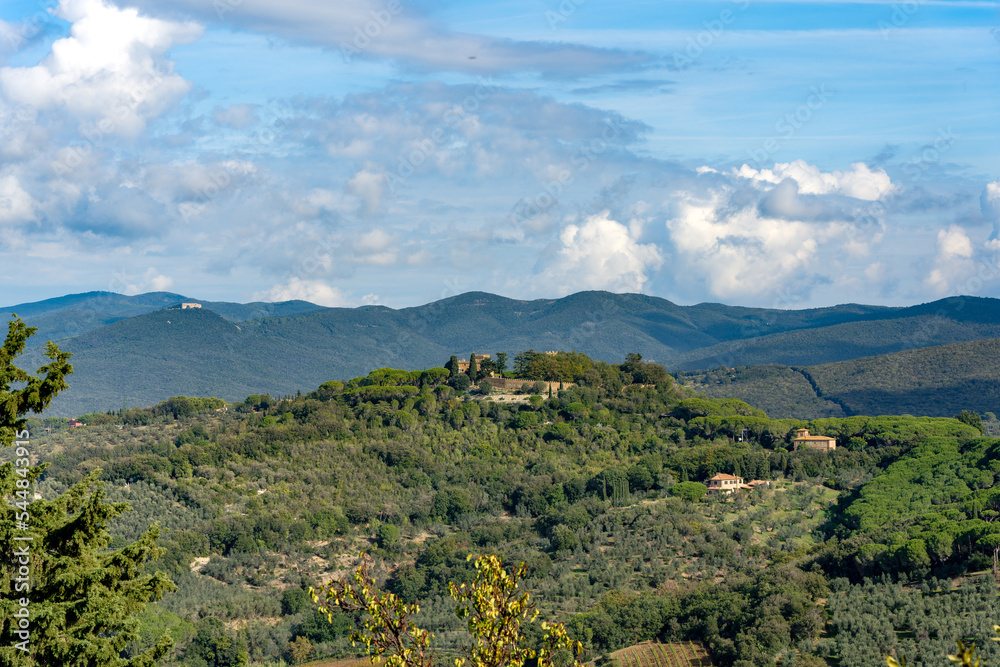 Panorama from the village of Castagneto Carducci towards the village and the castle of Bolgheri Tuscany Italy