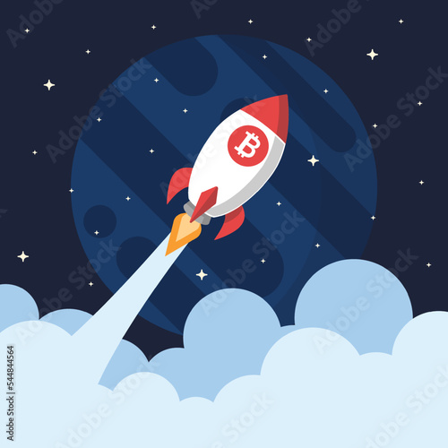 Bitcoin spaceship flying to the moon - Rocket launching with crypto currency and flying upwards. Vector illustration.
