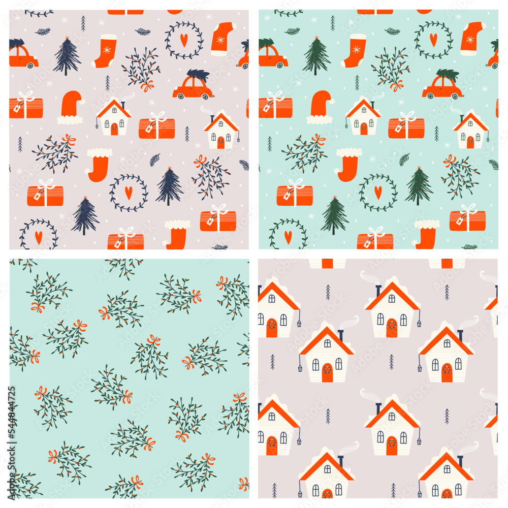 Christmas seamless pattern with Christmas tree, wreath, christmas elements. Vector