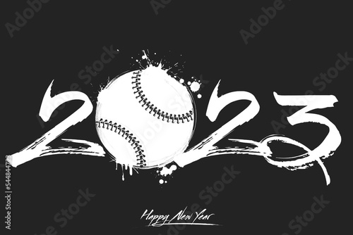 Numbers 2023 and a abstract baseball ball made of blots in grunge style. Design text logo Happy New Year 2023. Template for greeting card, banner, poster. Vector illustration on isolated background