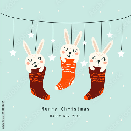  Christmas cards with cute rabbits. Vecto