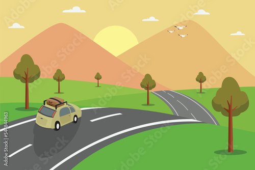Car with roof rack traveling in the mountain road