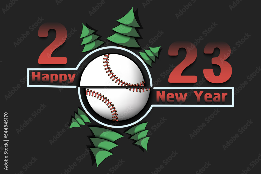 Happy new year. 2023 with baseball ball and Christmas trees. Original template design for greeting card, banner, poster. Vector illustration on isolated background