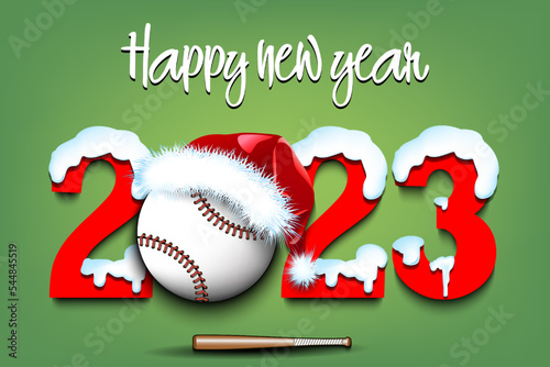 Happy new year. Snowy numbers 2023 with baseball ball in a Christmas hat. Original template design for greeting card, banner, poster. Vector illustration on isolated background