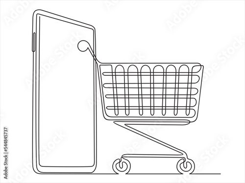 Continuous one single line drawing of smartphone with shopping cart. Mobile online shopping icon vector illustration concept