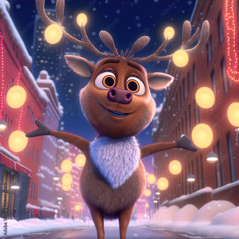 Fototapeta premium Christmas reindeer in the city during a snow storm at night