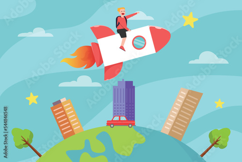 Schoolboy riding a rocket on the sky