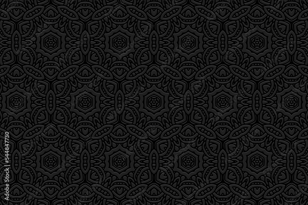 Embossed black background, ethnic cover design. Press paper, boho style, doodle and zentangle technique. Tribal geometric original 3d pattern. Motives of the East, Asia, India, Mexico, Aztecs, Peru. Embossed black background, ethnic cover design. Press paper, boho style, doodle and zentangle technique. Tribal geometric original 3d pattern. Motives of the East, Asia, India, Mexico, Aztecs, Peru.