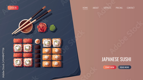 Web page design with mix of Sushi rolls on the black stone. Japanese food, healthy eating, cooking, menu, nutrition concept. Vector illustration. Banner, website, advertising. 