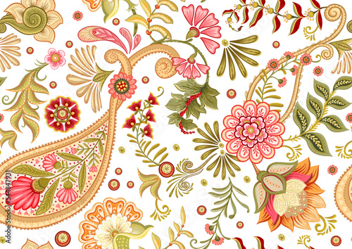 Fantasy flowers in retro, vintage, jacobean embroidery style. Paisley seamless pattern, background. Vector illustration.