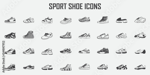  Shoes icons set. Female fashion, summer and autumn trendy footwear, sandals, pumps. Winter. Glowing signs. Vector isolated illustrations