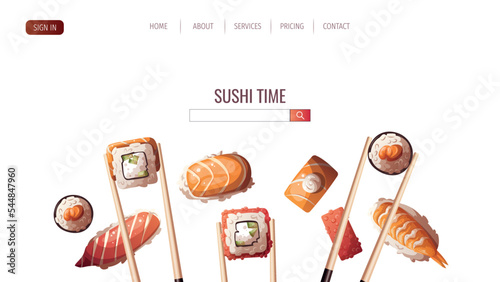 Chopsticks with variety of Sushi. Japanese food, healthy eating, cooking, menu, nutrition concept. Vector illustration. Banner, website, advertising. 