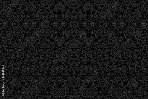 Embossed black background, ethnic cover design. Press paper, boho style, doodle and zentangle technique. Tribal geometric exotic 3d pattern. Motives of the East, Asia, India, Mexico, Aztecs, Peru.