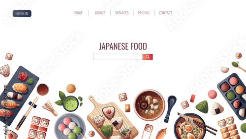 Web page design with Sushi, Miso soup, ramen, onigiri, dango, mochi, matcha tea. Japanese food, healthy eating, cooking, menu concept. Vector illustration. Banner, website, advertising.