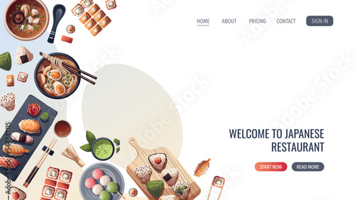 Web page design with Sushi, Miso soup, ramen, onigiri, dango, mochi, matcha tea. Japanese food, healthy eating, cooking, menu concept. Vector illustration. Banner, website, advertising.